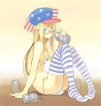  beer blonde_hair blue_eyes cabbie_hat can cans glasses hat long_hair panties shigehiro shigehiro_(artist) side-tie_panties striped striped_legwear striped_thighhighs thigh-highs thighhighs topless underwear 