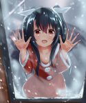 1girl against_glass akabane_hibame black_hair christmas highres long_hair open_mouth original oversized_clothes red_eyes santa_costume snowing solo twitter_username two_side_up 