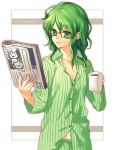  breasts cleavage coffee glasses green_eyes green_hair miyako_u newspaper original pajamas panties underwear 