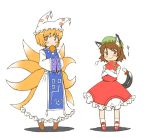  :3 aburaage animal_ears bad_id bell cat_ears cat_tail chen crossed_arms earrings eating food fox_tail hat jewelry jingai_modoki kyuubi mouth_hold multi_tail multiple_girls multiple_tails ningai_modoki surcoat tail tofu touhou yakumo_ran 