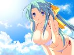  blue_eyes breasts cleavage game_cg green_hair large_breasts leaning_forward long_hair marionette_zero ponytail sereene swimsuit 