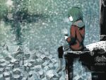  1girl green_hair kitsune_(kazenouta) original sitting snow solo thighhighs town 
