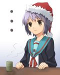  brown_eyes cardigan christmas cup cups hat nagato_yuki oryou purple_hair santa_hat school_uniform serafuku short_hair suzumiya_haruhi_no_yuuutsu tea 