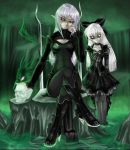  2girls artist_request boots elf gothic long_hair looking_at_viewer pale_skin pointy_ears skull source_request white_hair yellow_eyes 