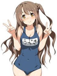  1girl blush breasts brown_eyes brown_hair double_v idolmaster idolmaster_cinderella_girls inue_shinsuke long_hair one_side_up school_swimsuit shimamura_uzuki simple_background smile solo swimsuit v 