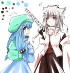  2girls adult alternate_hairstyle backpack bag blue_eyes blue_hair hair_bobbles hair_ornament inubashiri_momiji kawashiro_nitori milksea multiple_girls red_eyes silver_hair sword touhou weapon 