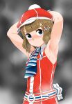  1girl absurdres armpits blue_eyes blush brown_hair butakoma_300g character_request closed_mouth hair_ornament hairclip hat highres looking_at_viewer necktie short_hair simple_background solo sweat x_hair_ornament 