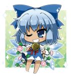  &gt;;d 1girl ;d bangs barefoot blue_bow blue_dress blue_eyes blush bow chibi cirno commentary_request dress flower full_body green_background grin hair_bow hand_on_hip hidden_star_in_four_seasons ice ice_wings light_blue_hair looking_at_viewer noai_nioshi one_eye_closed open_mouth outside_border plant puffy_short_sleeves puffy_sleeves red_ribbon ribbon short_hair short_sleeves smile solo sparkle standing sunflower tan tanned_cirno teeth touhou vines white_border wings 