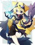 ameko-107 androgynous blonde_hair blue_eyes electricity galvantula gloves goggles goggles_on_head looking_at_viewer personification pokemon standing standing_on_one_leg tassel yellow_cape 