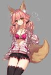  1girl :3 animal_ears arm_at_side bangs bikini_top black_legwear black_shorts blush breasts brown_eyes chokoan_(tyokoa4649) cleavage closed_mouth collarbone cowboy_shot eyebrows_visible_through_hair fate/extella fate/extra fate_(series) fox_ears fox_tail grey_background hair_ornament hair_scrunchie heart jacket jewelry long_hair looking_at_viewer low_twintails medium_breasts necklace open_clothes open_jacket partially_unzipped paw_pose pendant pink_bikini_top pink_hair scrunchie short_shorts shorts simple_background sleeves_past_wrists solo standing strapless strapless_bikini striped_jacket tail tamamo_(fate)_(all) tamamo_no_mae_(fate) tareme thigh_gap tsurime twintails wavy_hair zipper 