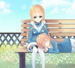  2girls bench blonde_hair blue_coat blue_eyes blue_shirt closed_eyes clouds coat elf flower hand_on_another&#039;s_head highres karin_(fineyanny) lap_pillow long_hair lying multiple_girls on_stomach original outdoors pointy_ears shirt sitting skirt sky sleeping smile thigh-highs white_legwear white_skirt 