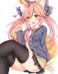  1girl alternate_costume alternate_hairstyle animal_ears ass blush breasts casual cleavage collarbone commentary_request fang fate/extella fate/extra fate/grand_order fate_(series) fox_ears fox_tail heart highres large_breasts legs_crossed looking_at_viewer necktie one_eye_closed open_mouth pikacchi pink_hair school_uniform sitting skirt sleeves_past_wrists smile solo tail tamamo_(fate)_(all) tamamo_no_mae_(fate) yellow_eyes 