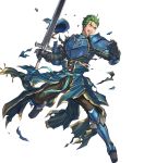  1boy armor armored_boots blue_eyes boots broken broken_armor broken_sword broken_weapon fire_emblem fire_emblem:_mystery_of_the_emblem fire_emblem_heroes full_body gloves green_hair highres holding holding_weapon looking_away male_focus official_art pants pauldrons ruke_(fire_emblem) solo sword torn_clothes transparent_background weapon 