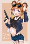  1girl absurdres ahoge animal_ears artist_request blush breasts brown_hair collarbone food_in_mouth girls_frontline glasses_on_head grizzly_mkv_(girls_frontline) gun handgun highres jacket looking_at_viewer midriff navel open_mouth pistol short_hair shorts small_breasts trigger_discipline violet_eyes weapon younger 