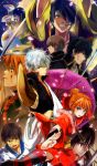  2girls 6+girls arms_up bandage_over_one_eye black_hair black_shirt blood blood_on_face blue_eyes braid brown_hair cherry_blossoms collarbone elizabeth_(gintama) full_moon gintama glasses hair_over_one_eye hijikata_toushirou holding holding_umbrella japanese_clothes kagura_(gintama) kamui_(gintama) katana katsura_kotarou kimono kimono_skirt long_hair looking_at_viewer military military_uniform moon multiple_girls nuriko-kun okita_sougo open_mouth orange_hair oriental_umbrella purple_umbrella red_kimono sakata_gintoki shimura_shinpachi shinai shirt short_hair silver_hair smoke smoking spiky_hair sword takasugi_shinsuke umbrella uniform weapon white_kimono yagyuu_kyuubei yukata 