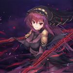  augu_(523764197) dual_wielding erect_nipples eyebrows_visible_through_hair eyelashes fate/grand_order fate_(series) gluteal_fold petals polearm purple_hair red_eyes scathach_(fate/grand_order) smirk spear tsurime veil weapon 