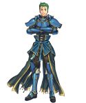  1boy arm_guards armor blue_eyes crossed_arms fire_emblem fire_emblem:_mystery_of_the_emblem fire_emblem_heroes full_body gloves green_hair highres holding looking_at_viewer looking_away male_focus official_art pants pauldrons ruke_(fire_emblem) solo standing transparent_background 