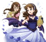  1girl ahoge aopanda bare_shoulders blue_dress blush book braid brown_eyes brown_hair commentary_request dress earrings freckles glasses hair_ornament hairband hairclip holding holding_book idolmaster idolmaster_cinderella_girls jewelry long_hair okuyama_saori open_mouth shawl smile twin_braids 