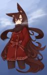  1girl alternate_costume animal_ears brown_hair hand_in_pocket imaizumi_kagerou kaginoni long_hair open_mouth red_eyes scarf solo tail touhou very_long_hair wolf_ears wolf_tail 