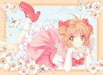  1girl bow card_captor_sakura dress eyebrows_visible_through_hair green_eyes hair_bow high_heels kinomoto_sakura layered_dress long_hair lying mc on_stomach open_mouth orange_hair petals pink_dress red_bow red_shoes shoes short_dress short_hair socks solo two_side_up white_flower white_legwear 