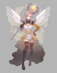  1girl adapted_costume blue_eyes dress feathered_wings flower frilled_dress frills gem glowing glowing_weapon grey_background hand_on_hip high_ponytail holding holding_staff jewelry long_hair looking_at_viewer magical_girl mercy_(overwatch) on_shoulder overwatch pendant petals rose rose_(jaakotodile) simple_background solo spread_wings staff star weapon white_wings wings 
