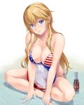  1girl american_flag_bikini bikini blonde_hair blue_eyes breasts flag_print front-tie_bikini front-tie_top hair_between_eyes hobenkei iowa_(kantai_collection) kantai_collection large_breasts long_hair side-tie_bikini sitting smile solo star star-shaped_pupils swimsuit symbol-shaped_pupils 