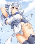  10s 1girl ainu_clothes anchor blue_eyes breasts chains folded_ponytail fundoshi hair_between_eyes headband highres japanese_clothes kamoi_(kantai_collection) kantai_collection large_breasts long_hair panties pokke_(pokke-chan) smile solo underwear white_hair white_panties 