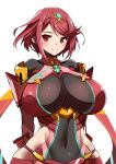  1girl arms_behind_back blush breasts covered_navel curvy hair_ornament hips pyra_(xenoblade) huge_breasts looking_at_viewer nuezou red_eyes redhead short_hair simple_background smile solo white_background wide_hips xenoblade xenoblade_2 