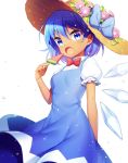  1girl :o arm_at_side blue_bow blue_dress blue_eyes blue_hair blush bow bowtie brown_hat cirno commentary cowboy_shot dark_skin detached_collar dress eyebrows_visible_through_hair flower food hat hat_bow hat_flower highres holding holding_food ice ice_wings jenevan light_particles looking_at_viewer open_mouth pinafore_dress pink_flower popsicle puffy_short_sleeves puffy_sleeves red_bow red_bowtie short_hair short_sleeves simple_background solo standing straw_hat tan touhou white_background wings 