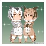  2girls artist_name black_hair blush border brown_eyes brown_hair capriccyo chibi closed_mouth coat crossed_arms eurasian_eagle_owl_(kemono_friends) eyebrows_visible_through_hair frown full_body green_background grey_hair hair_between_eyes head_wings kemono_friends looking_away multicolored_hair multiple_girls northern_white-faced_owl_(kemono_friends) outline pantyhose sparkle standing tail twitter_username white_hair white_legwear 