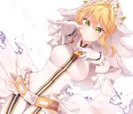  0ye 1girl ahoge bangs belt blonde_hair bodysuit burnt_clothes cowboy_shot dutch_angle fate/extra fate/extra_ccc fate_(series) full-length_zipper gloves gluteal_fold green_eyes highres lock looking_at_viewer loose_belt padlock petals saber_bride saber_extra smile solo thigh_gap veil white_gloves wreath zipper 