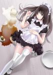 1girl black_eyes black_hair chikuwa_(odennabe) coffee cup long_hair looking_at_viewer lying maid maid_headdress milk on_back original revision solo spill teacup thigh-highs tray white_legwear wooden_floor zettai_ryouiki 