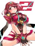  1girl belly boris_(noborhys) breasts circlet covered_navel fingerless_gloves gloves highres hips pyra_(xenoblade) large_breasts light_smile looking_at_viewer red_eyes redhead short_hair simple_background smile solo spread_legs thighs white_background xenoblade xenoblade_2 