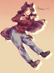  &gt;:d 1girl :d alternate_costume animal_ears blush boots breasts brown_hair claw_pose collared_shirt curvy denim flannel fur hairy highres imaizumi_kagerou jeans looking_at_viewer medium_breasts open_mouth orz_(kagewaka) pants plaid plaid_shirt red_eyes shirt smile solo tail thick_eyebrows torn_clothes torn_pants touhou wavy_hair wolf_ears wolf_tail 