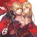  1boy 1girl 6 bare_shoulders blonde_hair blue_eyes blush breasts cleavage elezen elf final_fantasy final_fantasy_xiv gloves hairband japanese_clothes large_breasts long_hair looking_at_another number off_shoulder oriental_umbrella pointy_ears preyanan_suwanpramote samurai_(final_fantasy) simple_background sword umbrella weapon yellow_eyes 