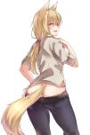  1girl animal_ears ass ayyh blonde_hair contrapposto eyebrows_visible_through_hair from_behind hand_on_hip hand_on_own_chest highres long_hair looking_back low_ponytail open_mouth original pants_pull red_eyes simple_background sleeves_folded_up smile solo tail white_background 