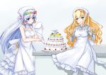  2girls absurdres apron bare_arms bare_shoulders birthday_cake blonde_hair blue_eyes blue_hair braid brown_gloves cake clenched_hands cream crown_braid dress flower food frilled_dress frills gathers glorious_(zhan_jian_shao_nyu) gloves gradient gradient_background grey_shirt hair_flower hair_ornament highres holding hood mittens multiple_girls open_mouth shirt smile squeezing standing staring table two-handed unicorn_(zhan_jian_shao_nyu) wavy_hair white_choker white_dress wreath xinghuajian zhan_jian_shao_nyu 