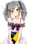  1girl absurdres bare_shoulders blush book breasts cleavage commentary_request drill_hair highres holding holding_book idolmaster idolmaster_cinderella_girls kanzaki_ranko long_hair medium_breasts red_eyes shimofuri silver_hair sketchbook smile solo twin_drills white_background 