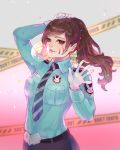  1girl adjusting_hair alternate_costume animal_print blue_shirt breast_pocket brown_eyes brown_hair bubble_blowing bunny_print caution_tape chewing_gum collared_shirt confetti d.va_(overwatch) facepaint gloves gradient gradient_background hand_in_hair hands_up long_hair long_sleeves necktie officer_d.va overwatch pocket red_background rose_(jaakotodile) shirt solo striped striped_necktie waving whisker_markings white_background white_gloves 