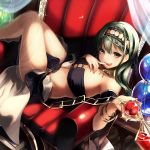  10s 1girl bandeau bangs bare_shoulders book bracelet breasts chains chair curtains finger_to_mouth green_eyes green_hair hair_between_eyes hairband hand_up holding index_finger_raised jewelry kantai_collection koruta_(nekoimo) long_hair looking_at_viewer lying medium_breasts midriff on_back open_book open_mouth parted_lips smile solo suzuya_(kantai_collection) teeth thighs tongue tongue_out 
