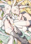  2girls animal_ears black_legwear boyshorts breasts forehead highres ka-no long_hair looking_at_viewer lying midriff multiple_girls navel on_back on_side original pursed_lips rabbit_ears red_eyes ribbed_legwear siblings sidelocks sisters small_breasts striped striped_legwear thigh-highs thighs twins white_hair yellow_eyes 