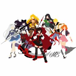  2boys 5girls blake_belladonna faceless gun gunblade holding holding_shield holding_sword holding_weapon jaune_arc lie_ren multiple_boys multiple_girls nora_valkyrie ruby_rose rwby scythe shield skirt sword weapon weiss_schnee yang_xiao_long 