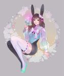  1girl adapted_costume animal_ears brown_hair commentary d.va_(overwatch) facepaint facial_mark flower gem glowing green_nails grey_background hair_ornament heart holding holding_staff long_hair looking_at_viewer magical_girl mismatched_legwear nail_polish overwatch petals puffy_sleeves rabbit rabbit_ears rose rose_(jaakotodile) see-through shorts simple_background sitting solo staff thigh-highs whisker_markings 