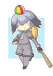  1girl balloon black_gloves blush_stickers fingerless_gloves gloves grey_hair kemono_friends necktie no_nose pozesuke shoebill_(kemono_friends) shorts solo yellow_eyes 