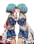  2girls blood blood_on_face bloody_clothes blue_hair blue_shirt blue_skirt boots cape closed_eyes detached_sleeves face-to-face gloves highres hiiragi_fuyuki kneeling mahou_shoujo_madoka_magica miki_sayaka miniskirt multiple_girls musical_note_hair_ornament pleated_skirt shirt short_hair simple_background skirt strapless tears white_background white_boots white_cape white_gloves 