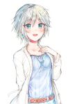  1girl anastasia_(idolmaster) arms_behind_back belt blue_eyes blush collarbone colored_pencil_(medium) commentary_request eyebrows_visible_through_hair highres idolmaster idolmaster_cinderella_girls jewelry long_sleeves necklace short_hair simple_background smile solo traditional_media yuru_mame 