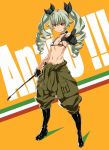  1girl anchovy anzio_military_uniform bare_shoulders bikini_top black_gloves boots breasts clothes_around_waist drill_hair girls_und_panzer gloves green_hair hair_ribbon jacket_around_waist looking_at_viewer navel pointing pointing_at_viewer red_eyes ribbon small_breasts smile solo tasaka_shinnosuke twintails 