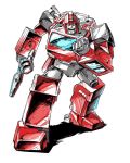  1boy 80s artist_request autobot blue_eyes clenched_hands full_body gun highres holding holding_gun holding_weapon ironhide looking_at_viewer machine machinery mecha no_humans oldschool open_mouth outdoors personification pose robot simple_background solo standing transformers weapon 