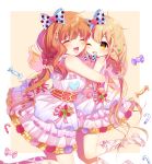  2girls :3 :d ^_^ bangs beige_background blonde_hair blush bow brown_hair candy candy_cane closed_eyes dress eyebrows_visible_through_hair flower food frilled_dress frills futaba_anzu hair_bow hair_flower hair_ornament highres hug idolmaster idolmaster_cinderella_girls long_hair low_twintails mafuyu_(chibi21) moroboshi_kirari multiple_girls one_eye_closed open_mouth polka_dot polka_dot_bow simple_background smile twintails wavy_hair wings yellow_eyes 