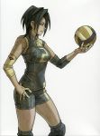  1girl ball bandage black_hair green_eyes knee_pads nihonbashi_yowoko official_art ooishi_mari shorts shoujo_fight simple_background sketch sleeveless solo sportswear taped_fingers volleyball volleyball_uniform 